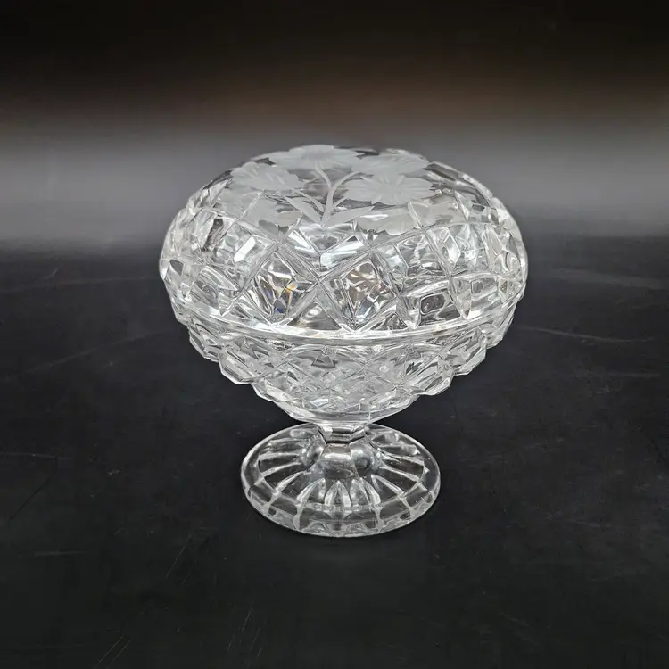 Crystal Pedestal Compote Dish with Floral Etched Lid Vintage