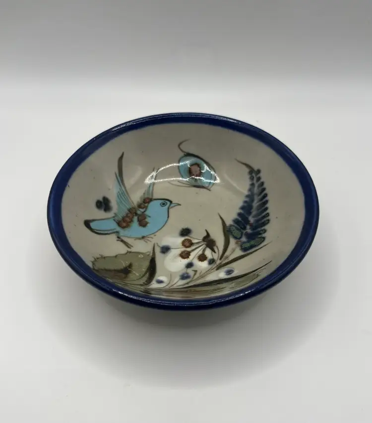 Vintage Signed Ken Edwards Mexican Pottery Bowl Bird Butterfly Floral Tonala Mexico