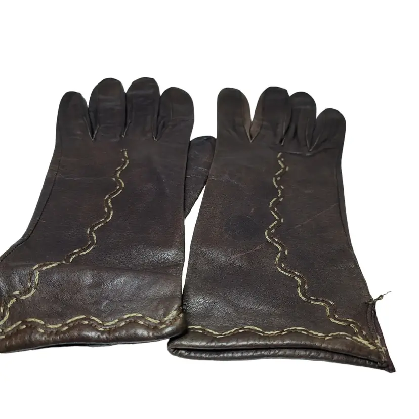 Vintage 1930s Brown Leather Stitched Design Gloves Size 7