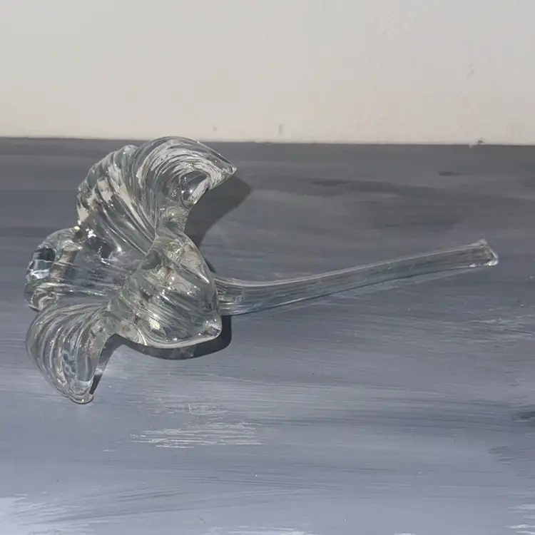 Vintage Clear Art Glass 7" Long Hand Blown Iris Flower With Stem Sculpture