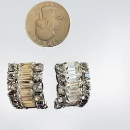 Kramer Silver Tone  Half Circle Clear Banquette  And Square White Rhinestones Clip On Earrings