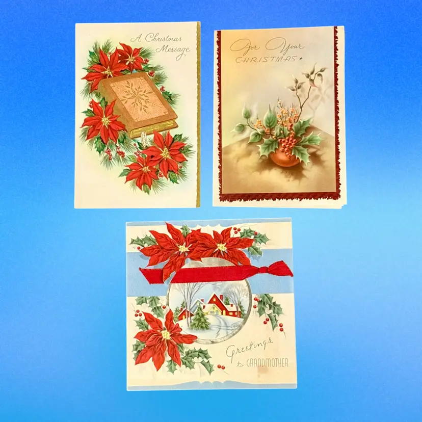 Lot/3 Vintage Holiday Florals Christmas Greeting Cards, Used
