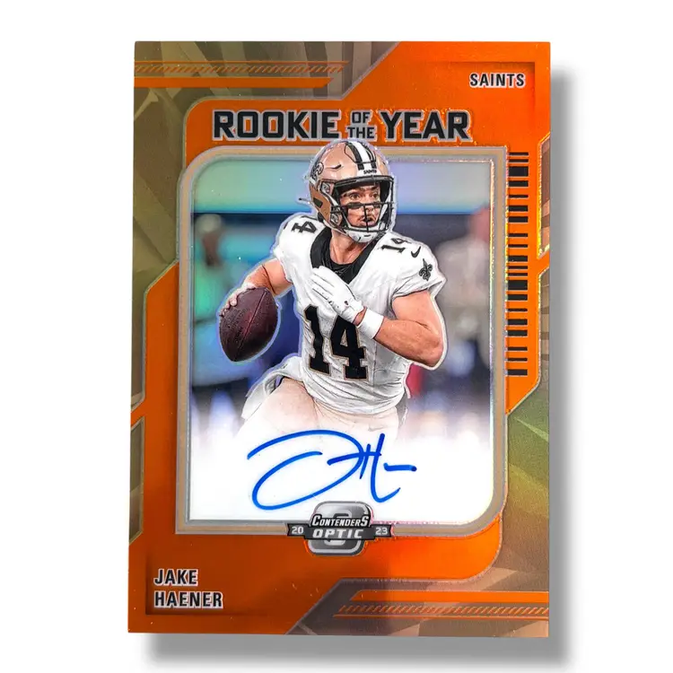 2023 Contenders Optic Jake Haener Rookie of the Year Orange Prizm 15/50 Auto