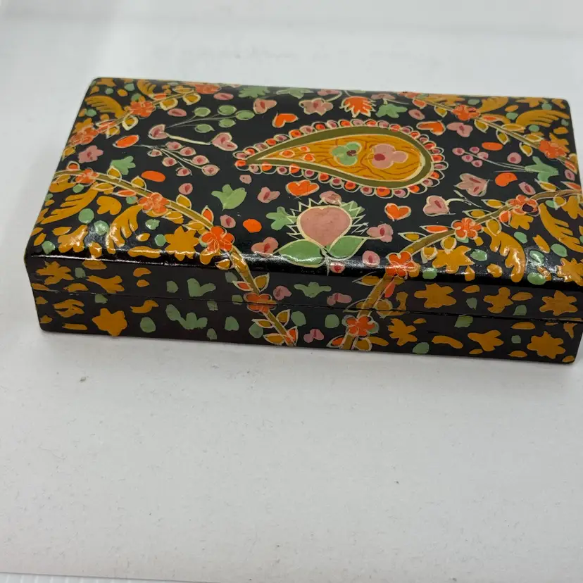 Vintage hand-painted wooden trinket box with floral and paisley designs, Made In India - One Paint Chip Pictured