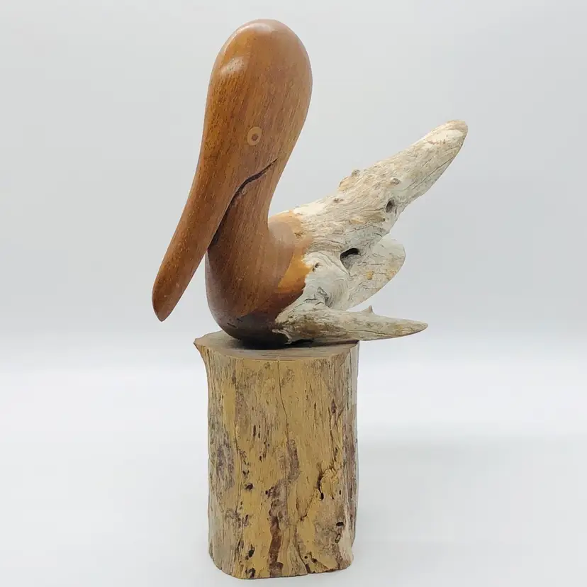 GASPAR MENDOZA HAND CARVED PELICAN WALNUT WOOD BUTTONWOOD SCULPTURE FIGURE SIGNED 