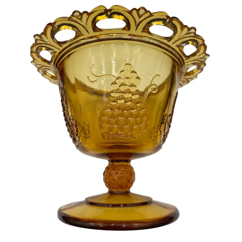 Vintage Indiana Glass, Amber Glass, 'Harvest Grape' Compote, Lace Edge