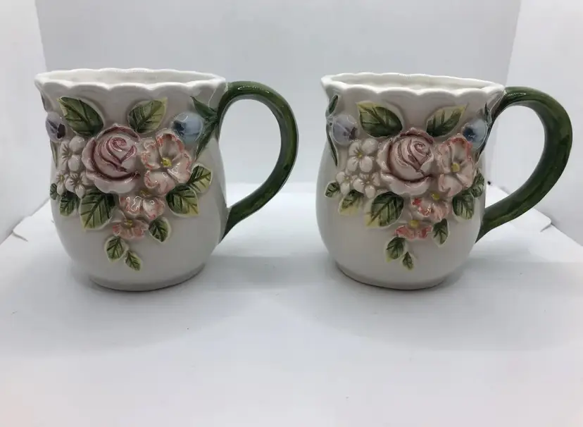 Vtg Takahashi Floral 3D Coffee Mug Cup JAPAN SAN FRANCISCO Hand Painted Set Of 2
