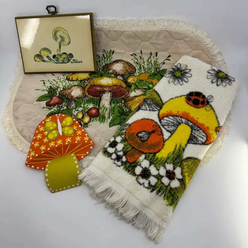 Vintage 70s Mushroom Decor Lot: Hallmark, Arla Alexander, Towel, Cloth Placemat