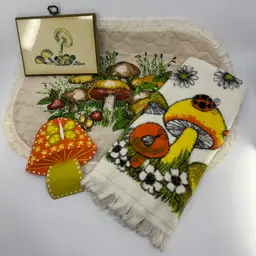 Vintage 70s Mushroom Decor Lot: Hallmark, Arla Alexander, Towel, Cloth Placemat