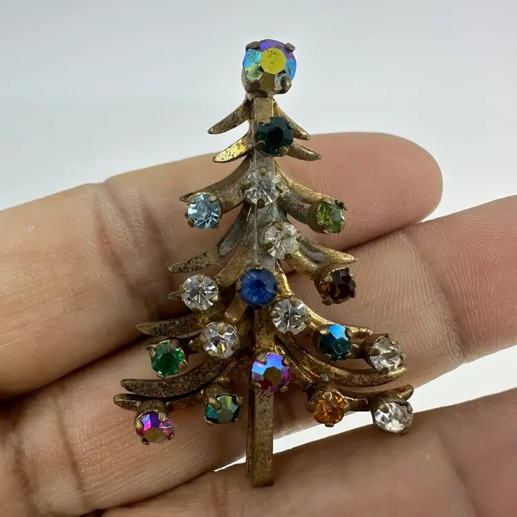 Vintage Signed Made in Austria Christmas Tree Multi-Colored Rhinestone Brooch
