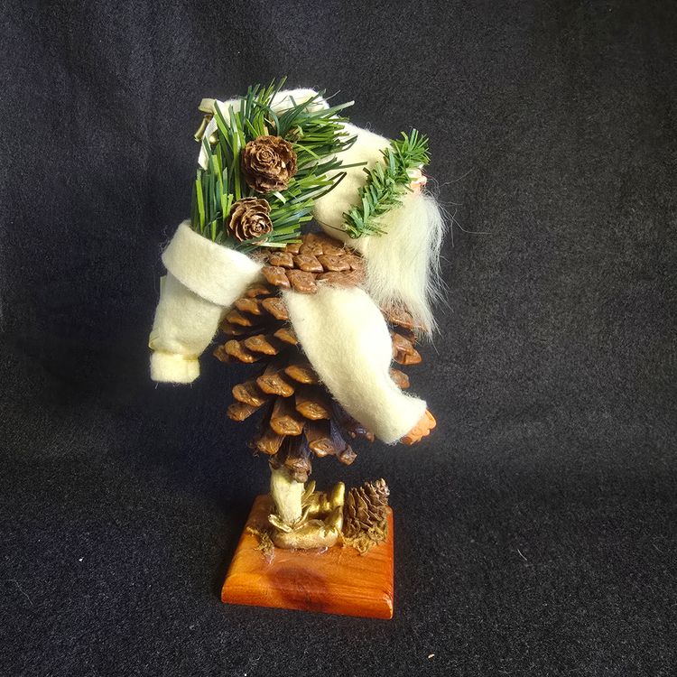 Vintage Silvestri Pine-Cone Body Santa Figurine on Wood Base — Holiday Rustic Folk Art
