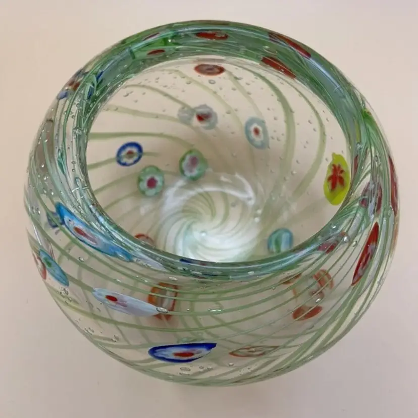 Vintage Art Glass Bowl Green w/ Floating Milliefiori