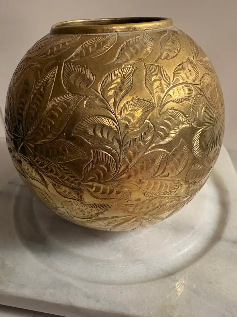 Vintage Hand Hammered Gold Tone Brass India Flower Vase/Bowl Floral Embossed