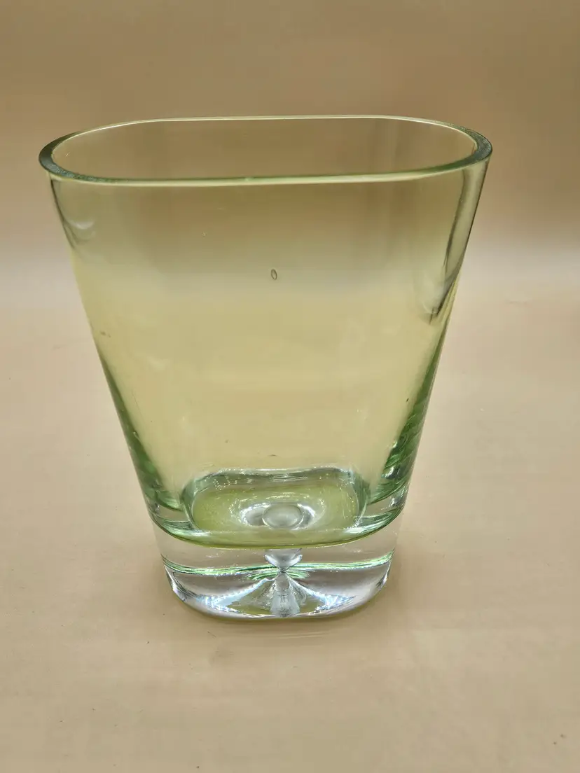 Green Oval Flower Vase, Large Bubble Drop in Bottom, Some Bubble Inclusions 6"H