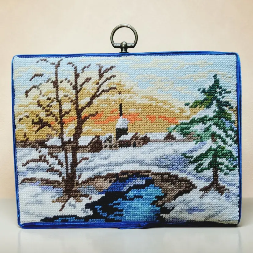 Vtg Needlepoint Country Winter Snow Evergreen Scene Velvet Ribbon Completed OOAK
