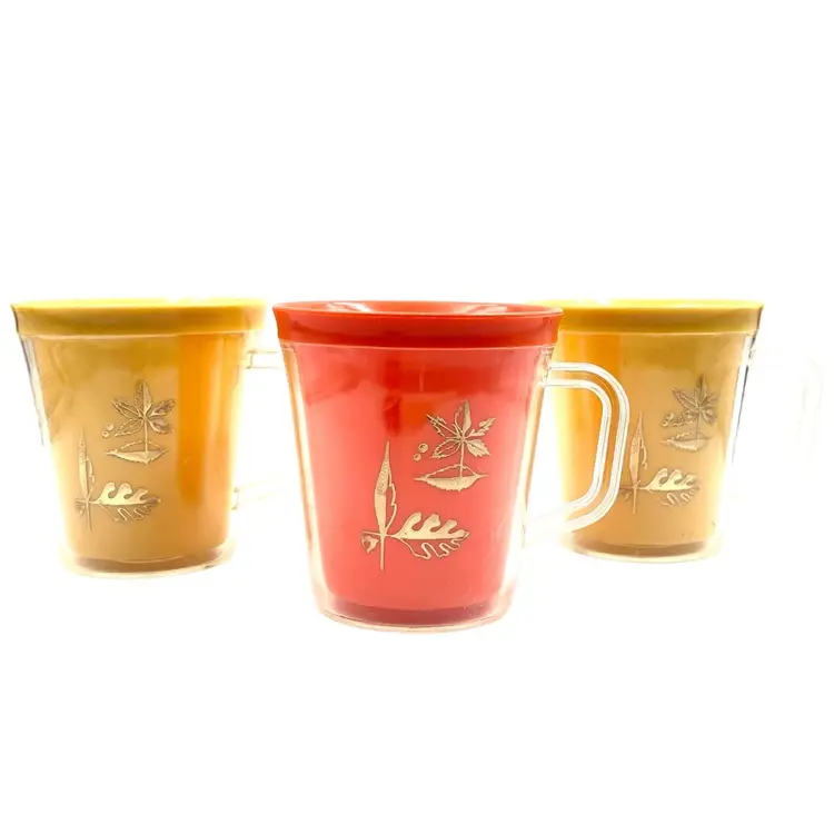 3pc VINTAGE INSULATED CUPS By Burrite double-walled insulated mug with a Embossed gold leaf design MCM 1950s