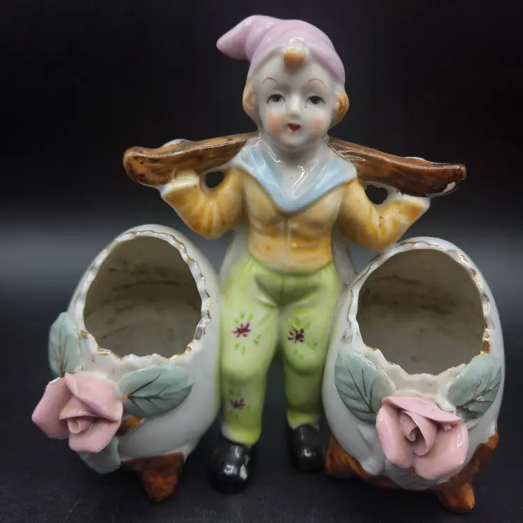 Vintage Porcelain Vase Double Egg Cracked Egg Planter Vase Floral Design Japan