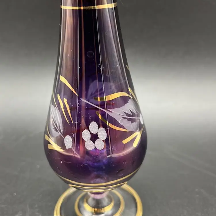 Purple Glass Hand Blown Etched Egyptian Style Perfume Bottle Gold Trim 8.75" tall