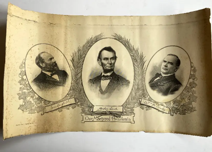 1911 OUR MARTYRED PRESIDENTS *Original* 15" x 25" . W Wagner. Antique Engraving Picturing Garfield, Lincoln & Kinley. Bust Portraits. Rare.