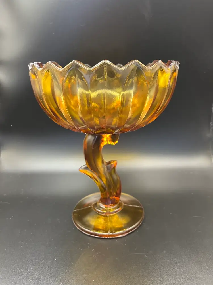 Vintage Indiana Glass Amber Flower Pedestal Dish 7 1/2” Tall