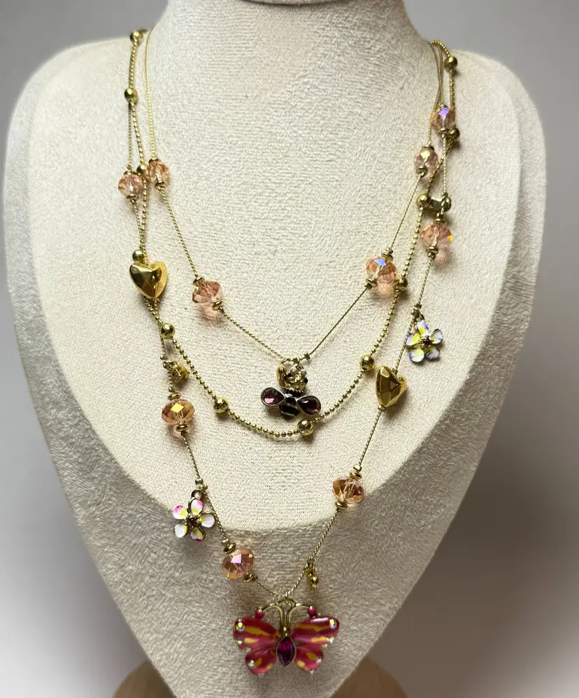 Betsey Johnson 22" Buggin Out 3 Strand Layered Butterfly Bee Necklace Gold Tone