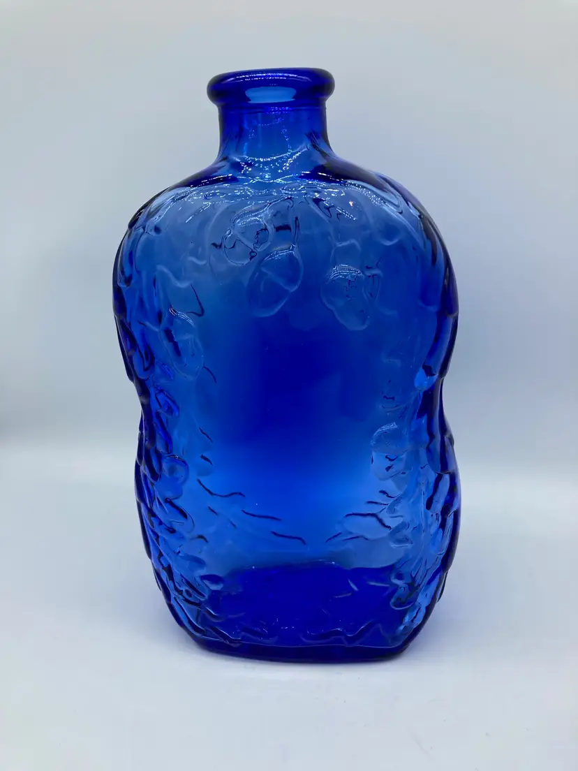 Vintage Libbey Cobalt Blue Glass Bottle Embossed Acorns Oak Leaves Canada 8.5"