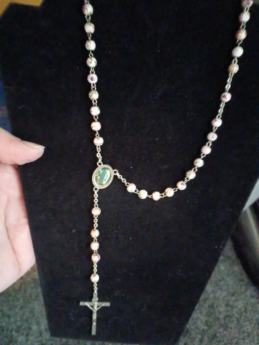 Vintage Italian Rosary Double Sided Medallion Silver Tone Crucifix Mottled Glass Beads Christianity Catholic