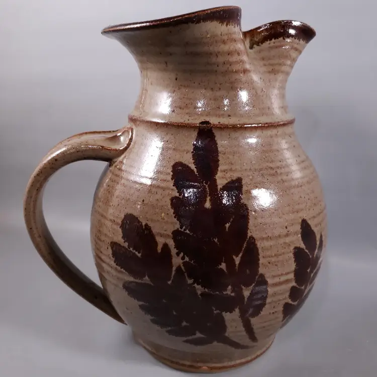 SALT GLAZED STONEWARE Brown Leaf Foliage Primitive Folk Art Pottery PITCHER Jug