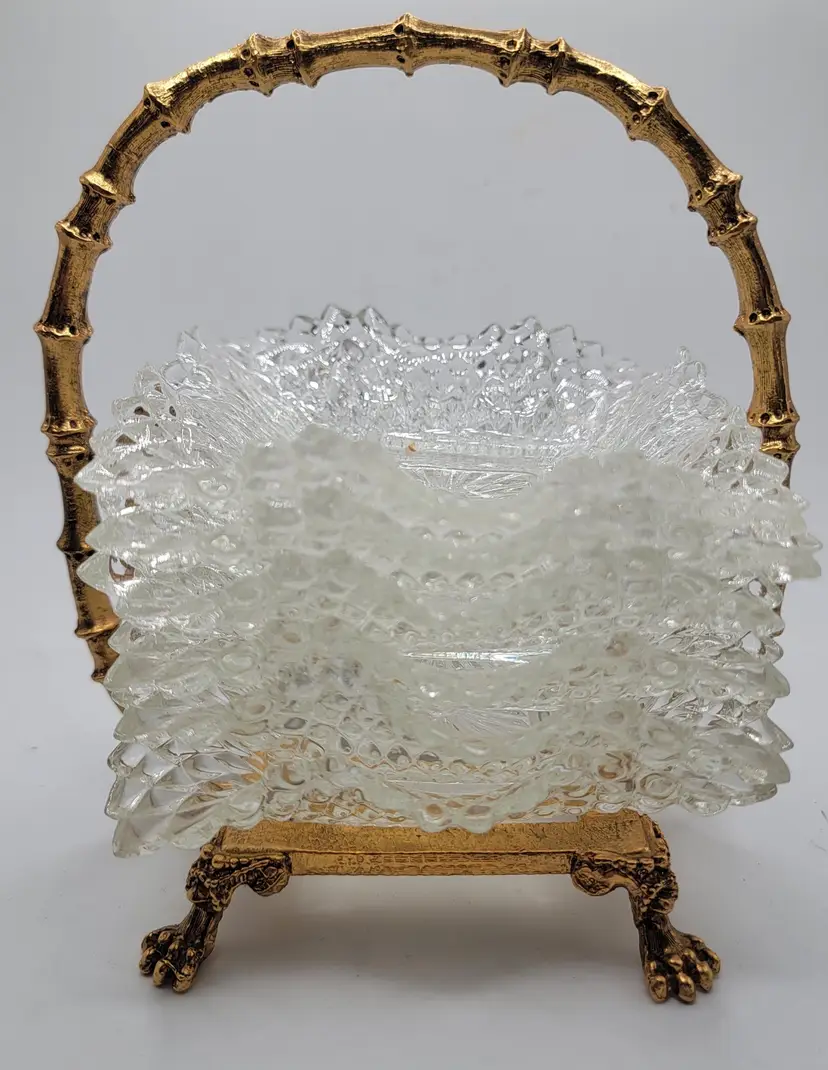 Vintage Indiana Glass Diamond Point Square Dish in Gold Tray.  Approximately 4" square.