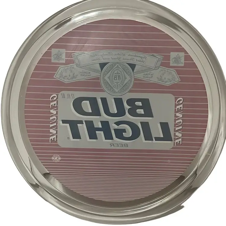 Vintage, By Indiana Glass, Genuine, Bud light, 13" Round, 1" Tall, Glass, Kitchen, Bar, Serving Tray, Advertisement,