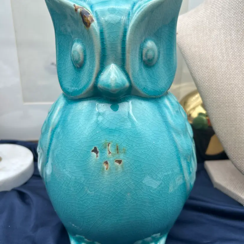 #01 Large Turquoise Crackle Glaze Ceramic Owl Figurine Decor 9.5” Tall