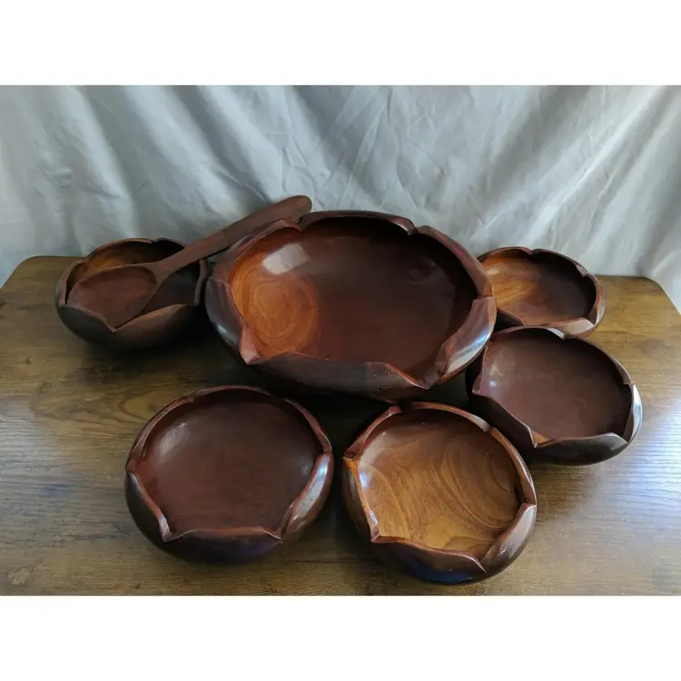 7PC Vintage Hand Carved Wood Serving Bowl, Bowls And Spoon Hawaiian Tiki Party