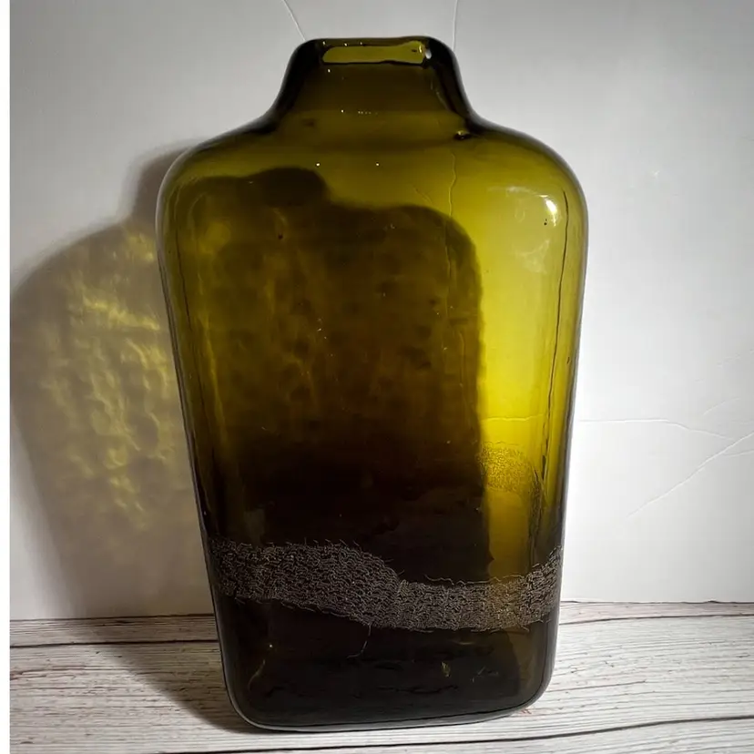 Olive Green Art Glass Bottle Vase 11"