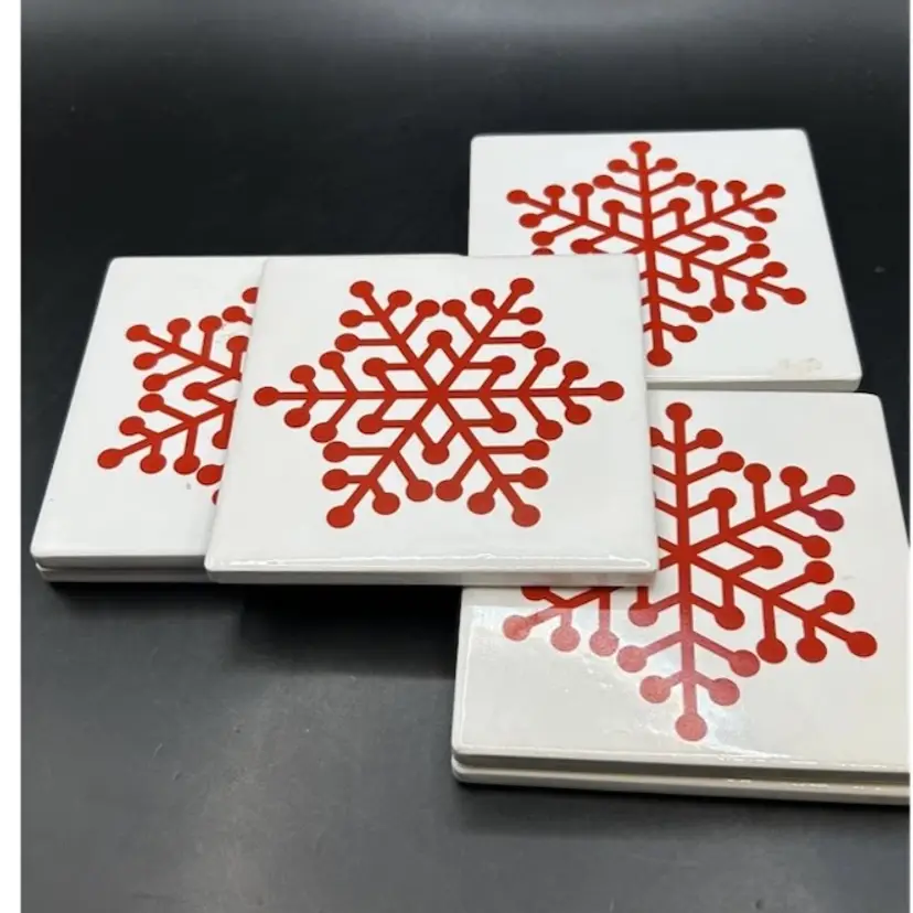 Christmas Red Snowflake White Ceramic Coasters Cork Backed 4" Lot of 7