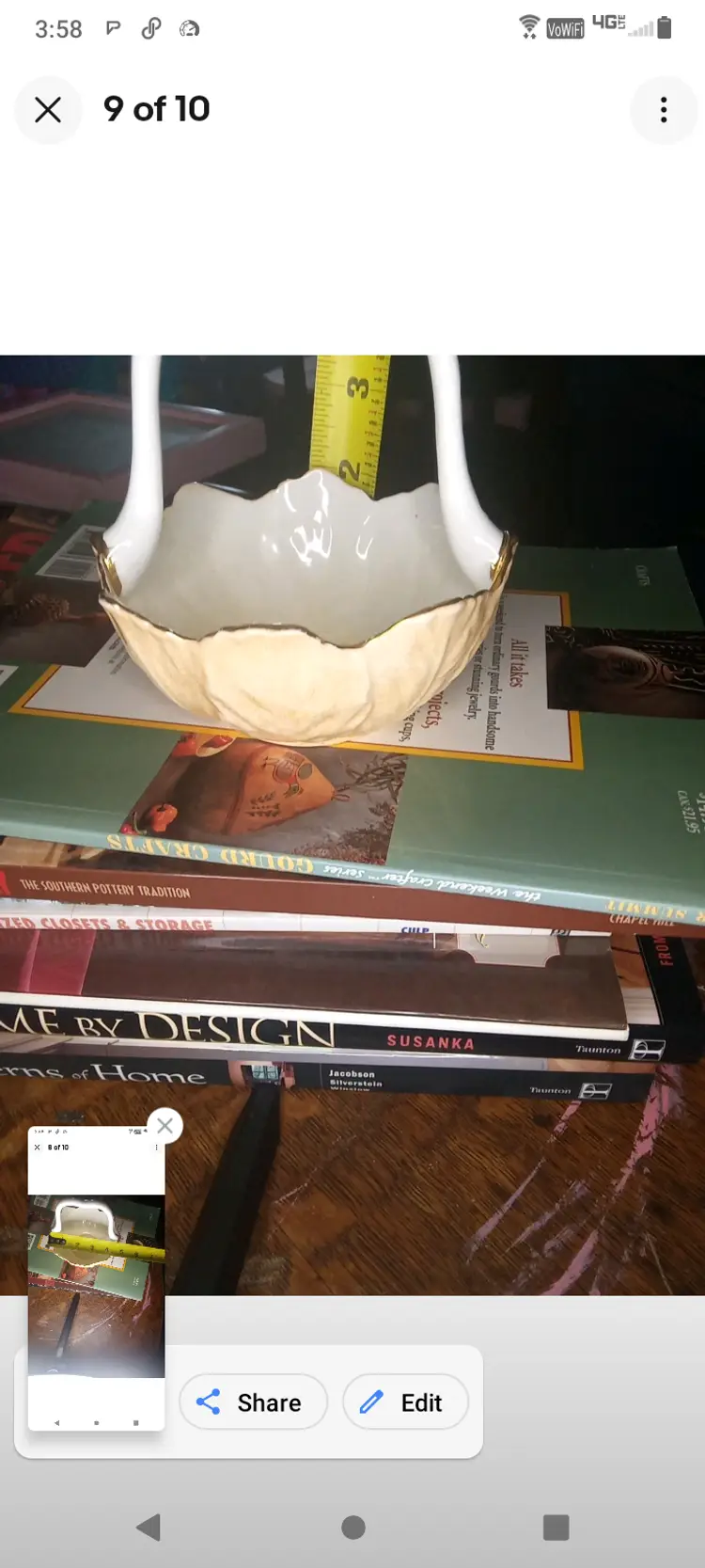 Porcelain Hand painted Flower Bowl With Handle Dated And Signed 1984 Wendy Ross