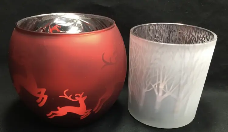 Christmas small votive candle holders, glass w/ silvered interior, lot of 2