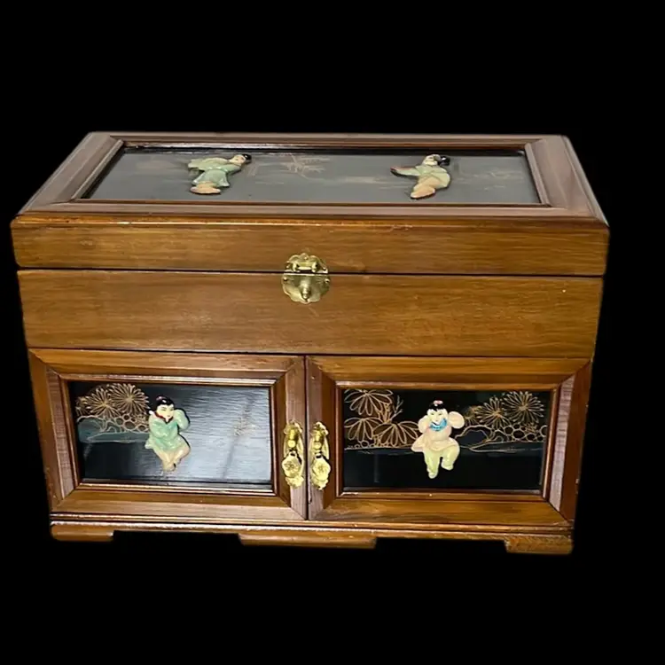Vintage Oriental Inspired Jewelry Box with Carved Soapstone Inlaid Figures