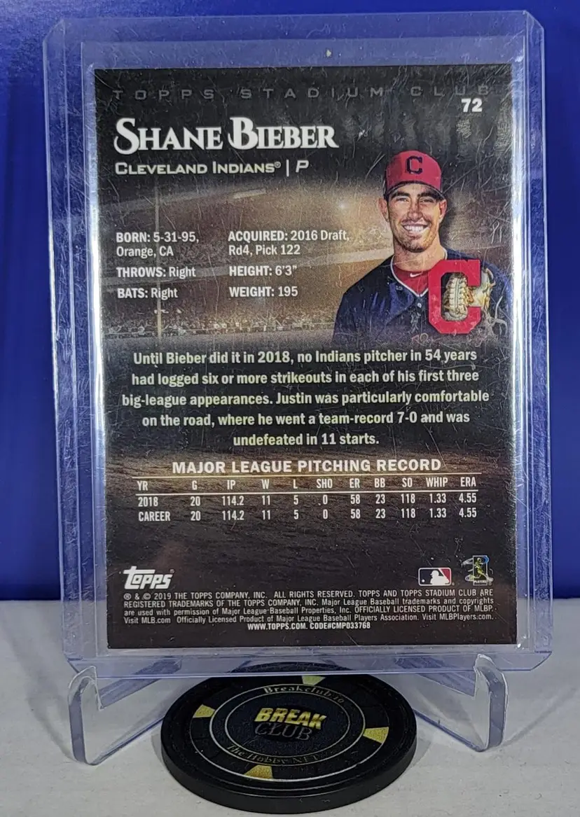 Shane Bieber 2019 Topps Stadium Club No.72 Sepia "Justin" Error