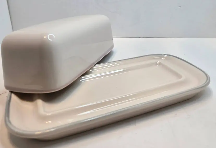 Pfaltzgraff Cream Butter Dish with Lid - Gray Rim, Vintage Ceramic