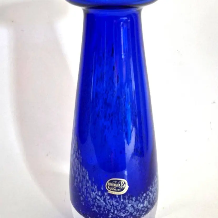 Bohemian Glass Vase Cobalt Blue With White Bubbles Labeled Bohemia 8" Czech EUC