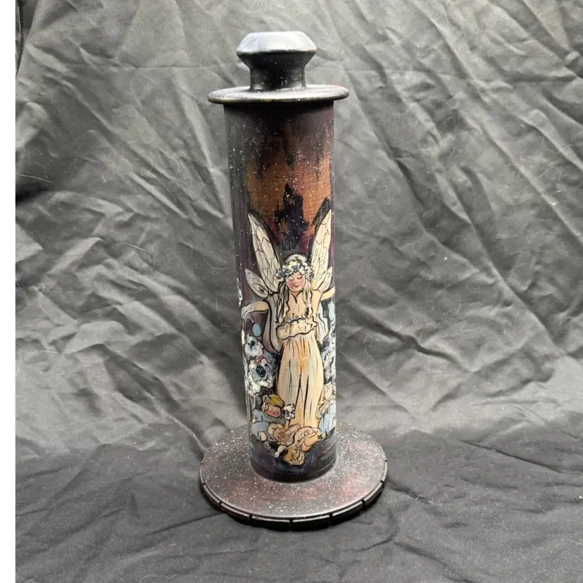 VTG Folk Art Hand Painted Wood Candle Stick
