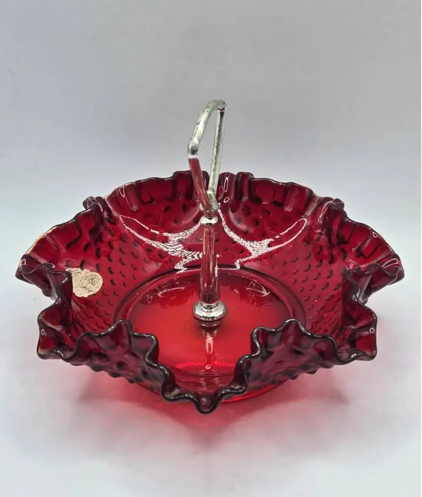 Vintage Fenton Ruby Red/Amberina Hobnail Center Handle Candy Dish • Ruffled Rim