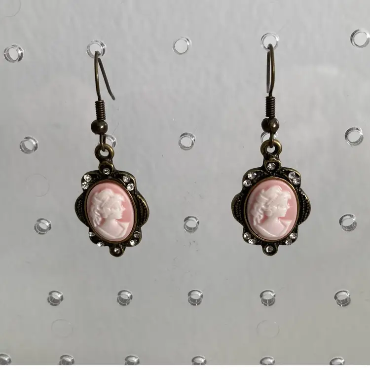 Vintage Pink Cameo Dangle Earrings Set In Ornate Victorian Style Metal Frames