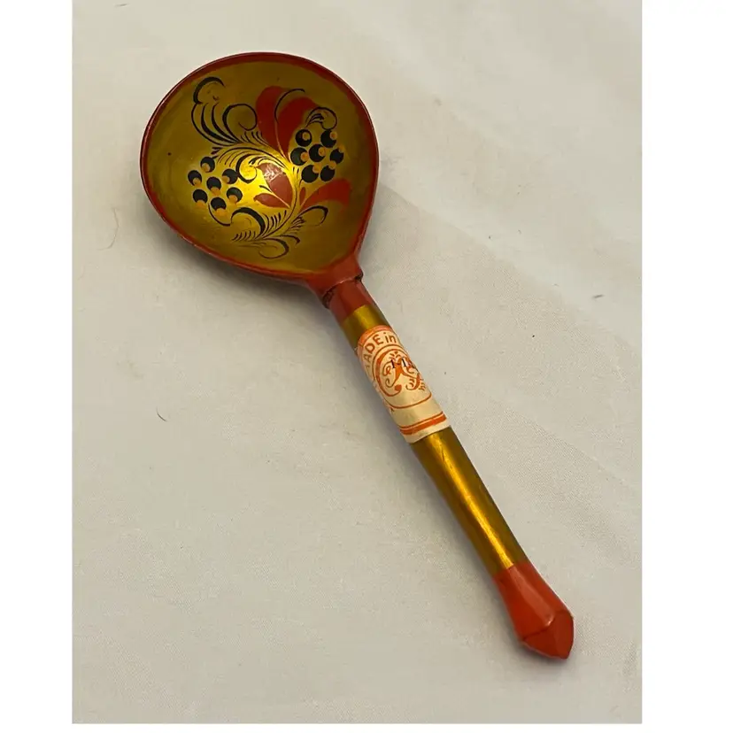 Hand Painted Wooden Khokhloma Spoon, Made in USSR, Vintage EUC