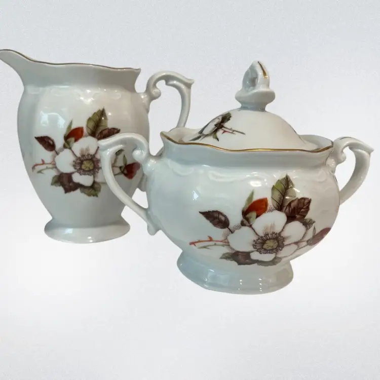 Chodzież Porcelain Sugar & Creamer Set – Poland – Floral Gold Trim - Large- Cream=5” Tall, 5.75 Wide- Sugar=5” Tall, 7” Wide