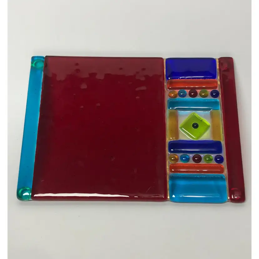 Signed Kathy Hudson Me 2 U Fused Art Glass Cheese Tray Trinket Dish Colorful