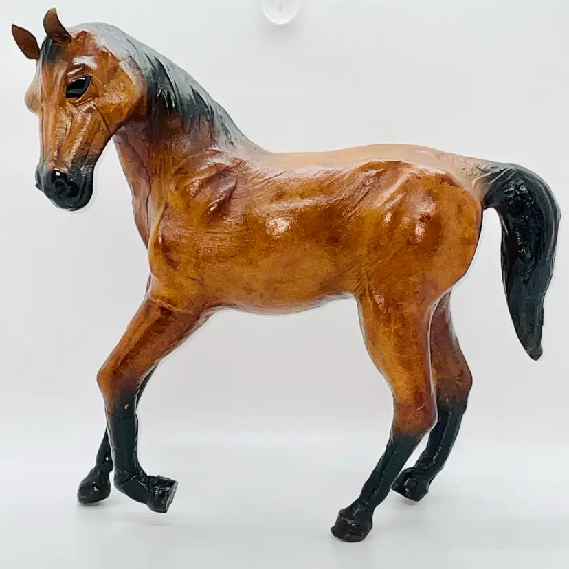 Vintage Leather Wrapped Equestrian Horse Figurine Statue Glass Eyes