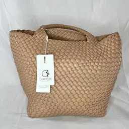 Quecana Woven Leather Tote Bag in Taupe