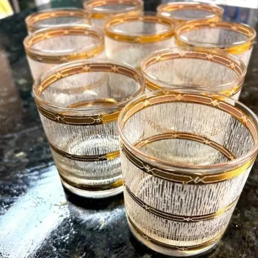 Vintage MCM Culver Icicle Lowball Rocks Old Fashioned Glasses Gold Trim