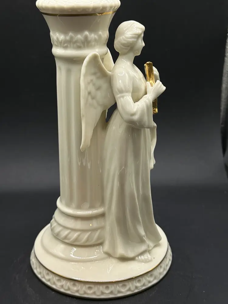 Lenox Porcelain White Angel With Harp Candle Stick Holder And Gold Accents 6.75